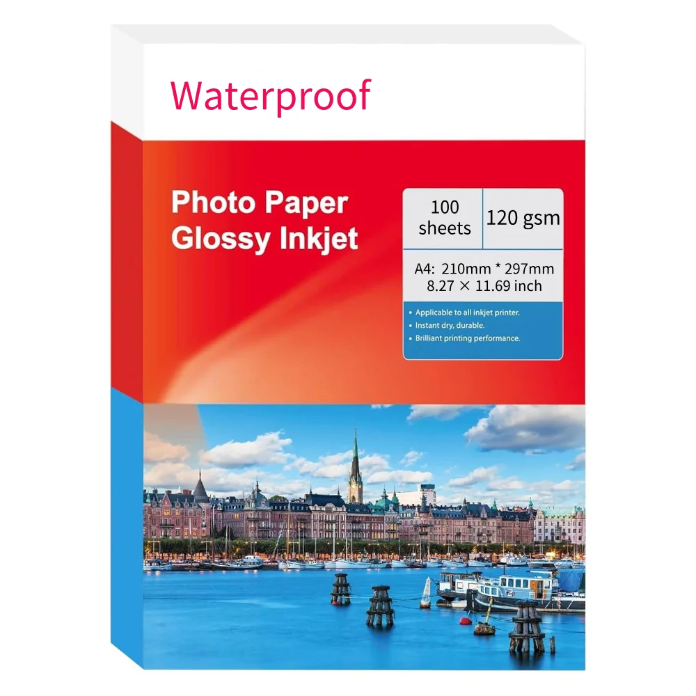 100 Blatt einseitiges, glänzendes A4-Fotopapier, 8,3 x 11,7 Zoll, wasserfestes Fotopapier für Tintenstrahldrucker für Menü-Flyer-Druck Image