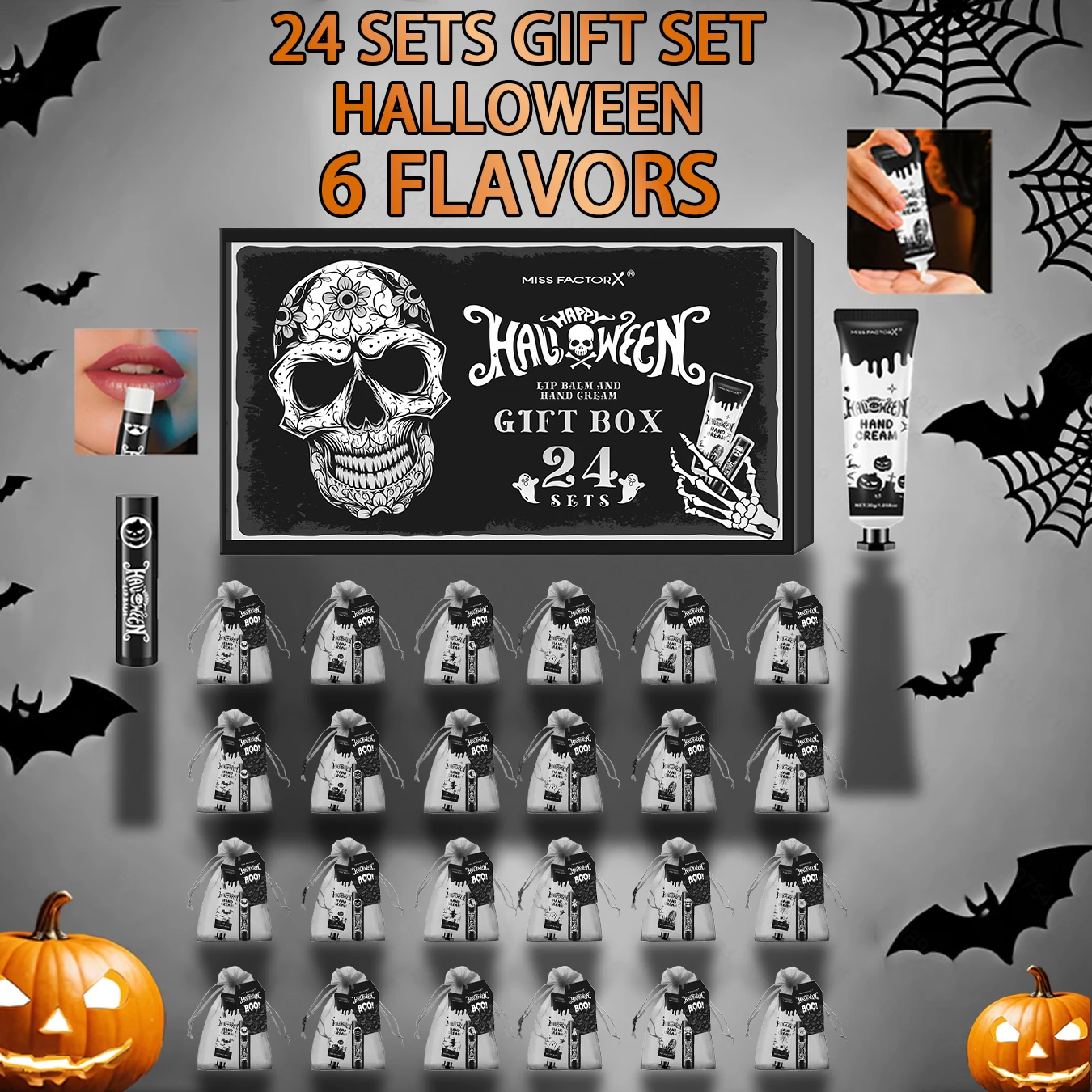 Halloween-Montagegeschenk 96 Stück/Box Handcreme-Lippenstift in großen Mengen mit BOO-Karte und schwarzer Geschenktüte Image