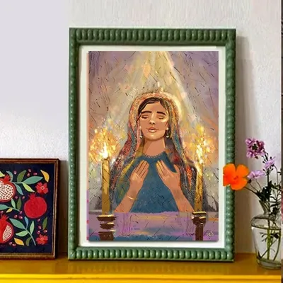 Woman Praying with Candle Painting Wall Art Israeli Artist Jewish Art Matte Poster Gift Passover Shabbat Candle Jewish Poster