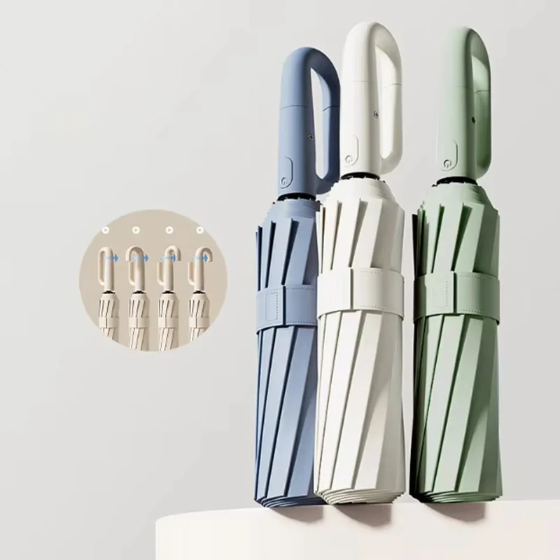 Tragbarer Schnallen-Hakenschlaufen-Verriegelungsgriff, automatischer UV-Regenschirm, Doppelrippen-Regenschirm, individuelle Farbe, 3-fach faltbarer Regenschirm Image