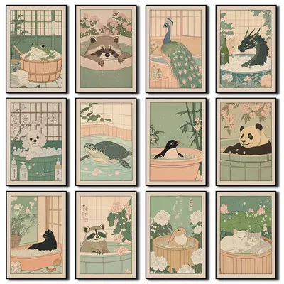 Japanese Bathroom Art Poster Cute Animals in Bathtub Canvas Printed Decorative Painting, Used for Bathroom Decoration, Frameless