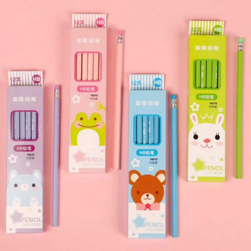 12HB Cartoon ungiftige Bleistifte mit Radiergummis am Ende für Kinder, mehrfarbiges Lernzubehör zum Schreiben und Zeichnen Image