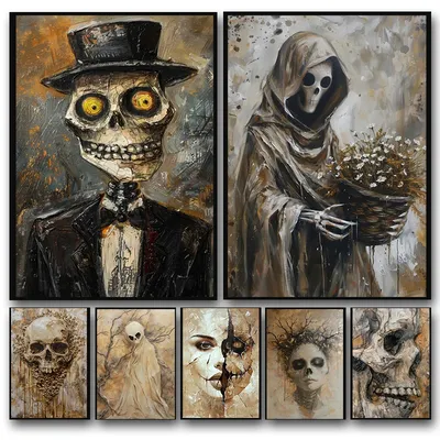 Fantasy Horror Skeleton Poster Abstract Witchy Creepy Festival Canvas Painting Wall Art Halloween Christmas Bedroom Home Decor