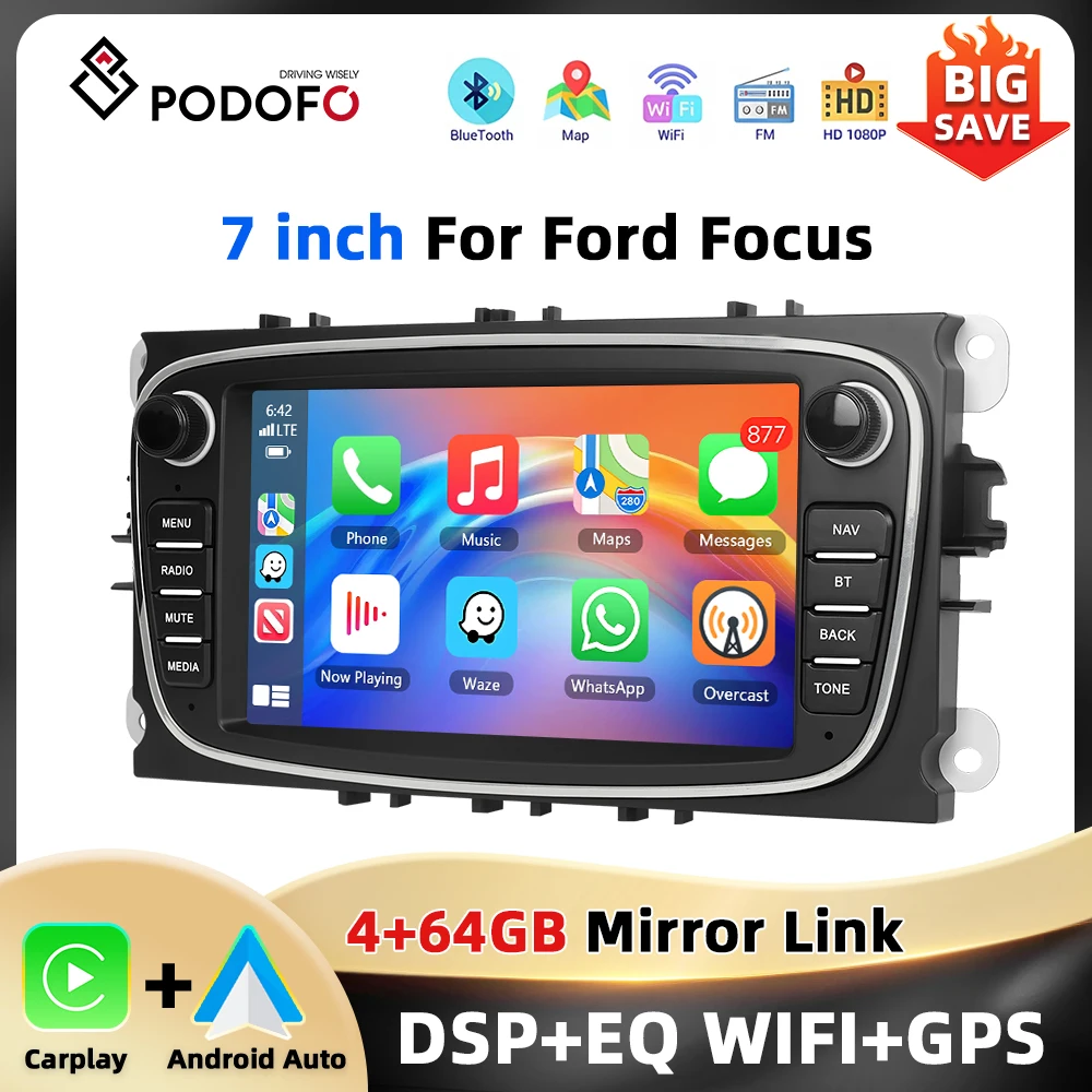 Podofo 4 + 64G 2Din Auto Radio Für Ford Focus Mondeo C-MAX S-MAX Galaxy II Kuga Navigation GPS Carplay Android Auto WIFI Auto Audio Image