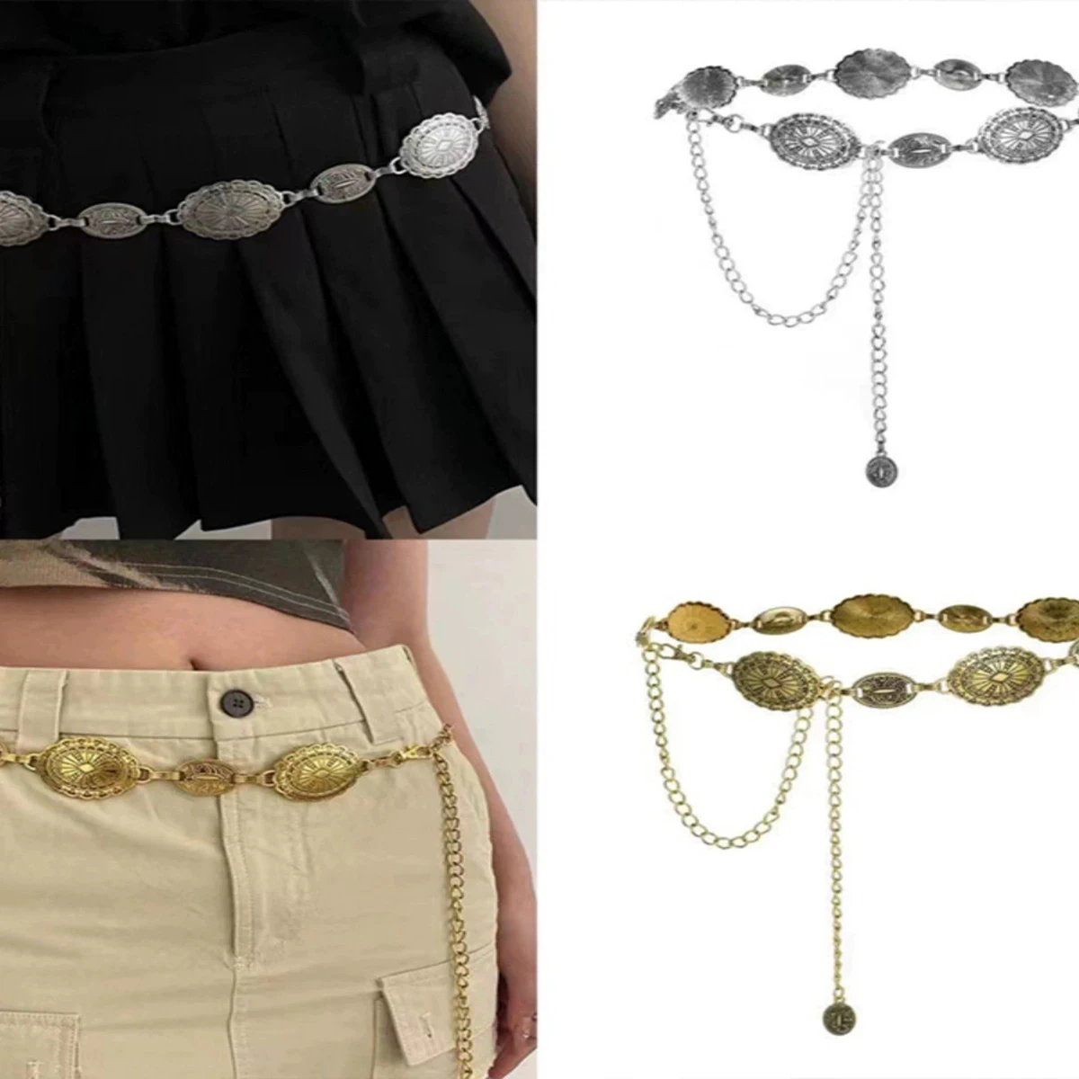 Damen-Taillenketten-Accessoires aus Metall im Retro-Stil. Dekorativer, kreisförmiger, geschnitzter Kettengürtel, Accessoires im hohen Stil