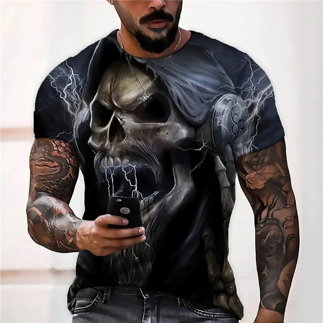 Vintage Horror Schädel 3D-Druck Herren T-Shirt Sommer Klassiker lässig o Hals Kurzarm Mode lose übergroße Tops T-Shirt Männer