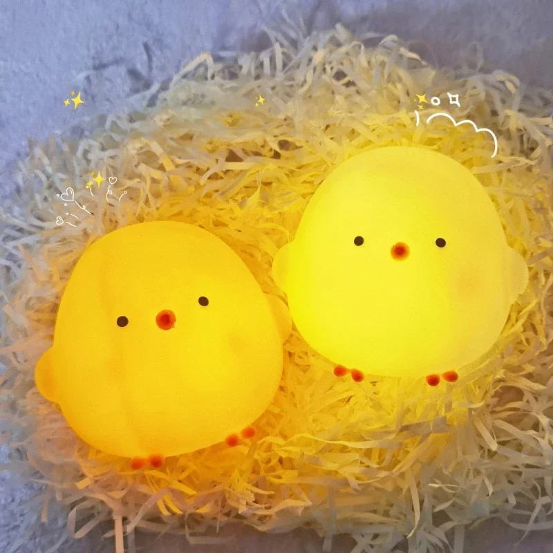 Silikon LED Nacht Nachtlicht ABS Kleines Huhn Niedliche Schreibtischlampen Kinderzimmer Schlafzimmer Mit Knopfbatterie Deco Nachtlampen