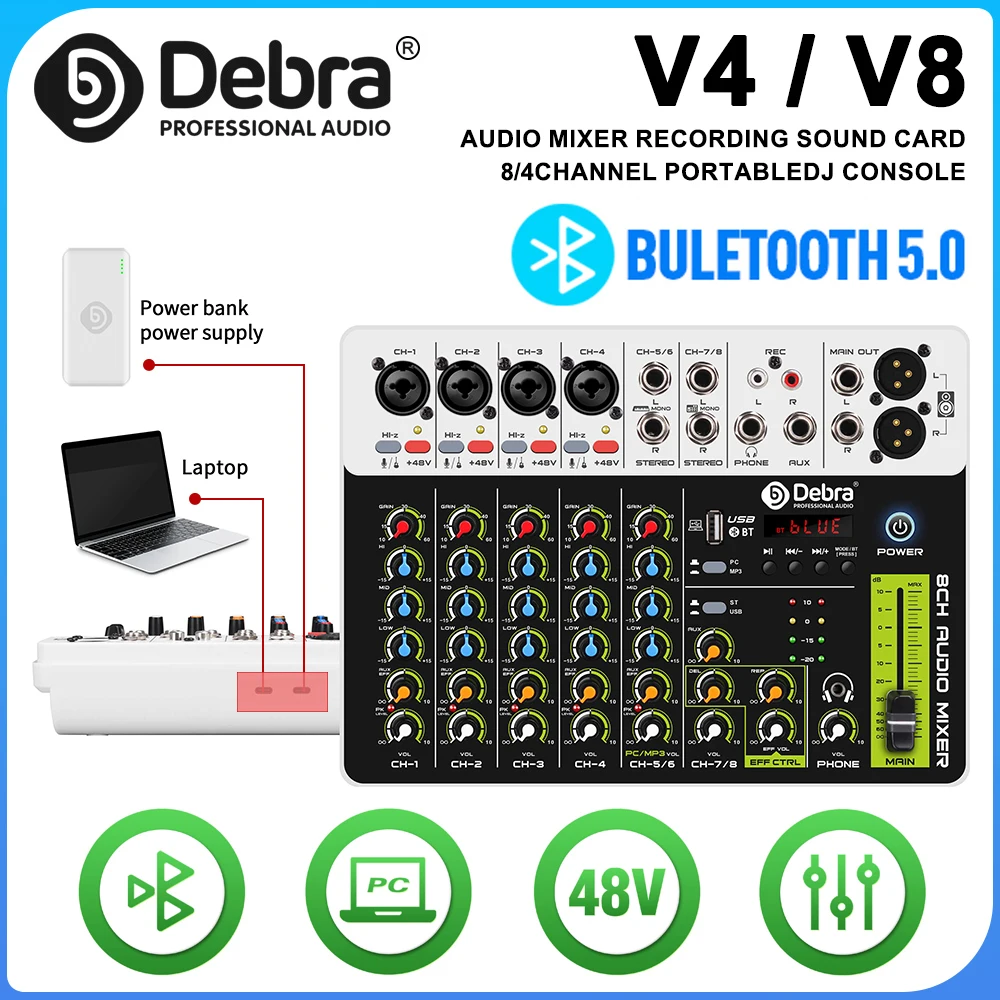 Debra V8 Audiomixer, unterstützt Bluetooth 5.0, Phantomspeisung, verzögerte Wiedergabeeffekte, für Computeraufnahmen, Bühnenauftritte Image