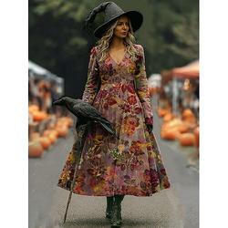 Damen Halloween Maxi Kleid A-Linie Casual Boho Strand Urlaub Floral Grafik V-Ausschnitt Lange Ärmel