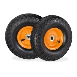 Relaxdays Sackkarrenrad 2er Set, 4.10 3.50-4, luftbereift, Stahlfelge, 136 kg, Schubkarrenrad, Ersatzrad, schwarz/orange Image