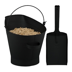 Relaxdays Ascheeimer mit Glutschaufel, 11 Liter Volumen, Kaminzubehör, Aschebehälter mit Henkel, aus Eisen, schwarz Image