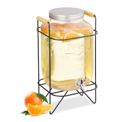 Relaxdays Getränkespender mit Ständer, Limobehälter 8 l, Zapfhahn und Deckel, Wasserspender, Glas, transparent/schwarz Image