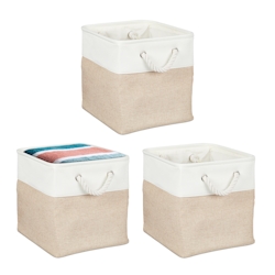 Relaxdays Aufbewahrungskorb, 3er Set, Leinen, mit Seilgriffen, Kleidung, Spielzeug, 28x28x28 cm, Regalkorb, beige/weiß Image