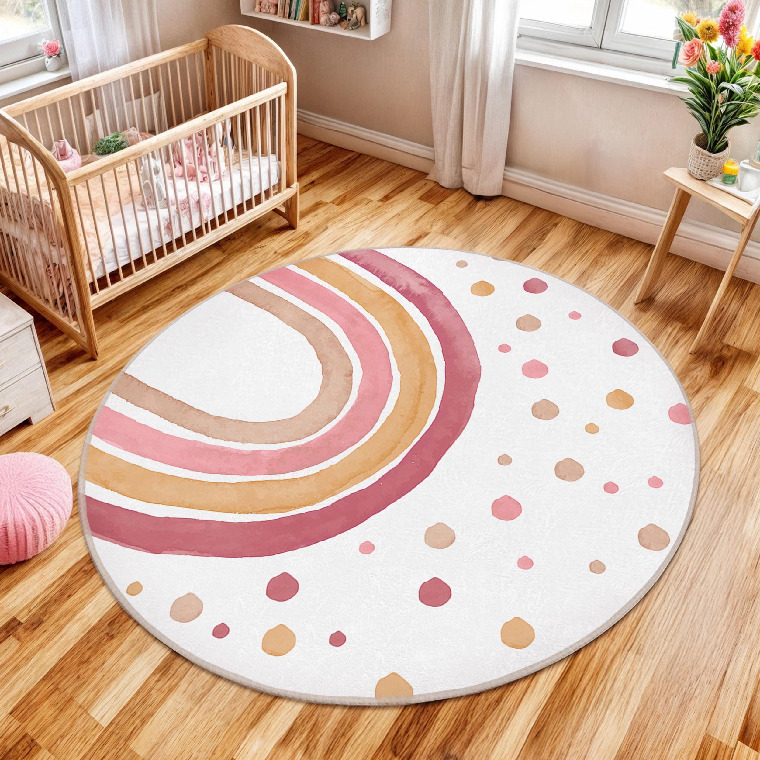 Bunter Regenbogen Bogen Kinderzimmer Rund Teppich-Gepunktete Weiß Rosa Kreis Teppich-Boho Spielzimmer Matte-Gemütliches Kinderzimmer Dekor-Rund Teppic