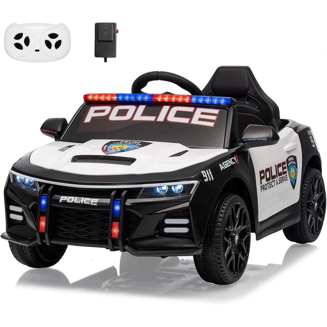 12V Police Car Ride on Car for Kids, Battery Powered Ride-on Toys Cop Cars with Remote Control - Black