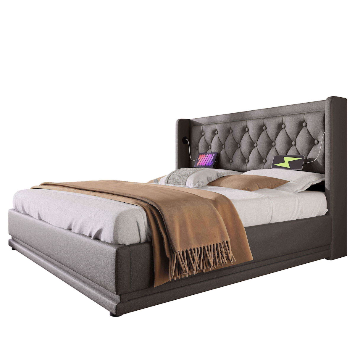 OKWISH Polsterbett 140×200 cm mit hydraulischem Stauraum, LED-Licht, Kopfteil mit USB-Ladefunktion, Baumwolle oder PU, modernes Schlafzimmerbett Schwarz Image