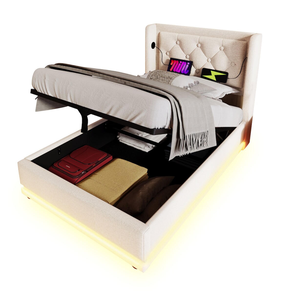 OKWISH Polsterbett Einzelbett 90×200 cm Beige Baumwolle mit Stauraum USB-Ladefunktion modernes Schlafzimmer gepolstertes Kopfteil langlebig Image