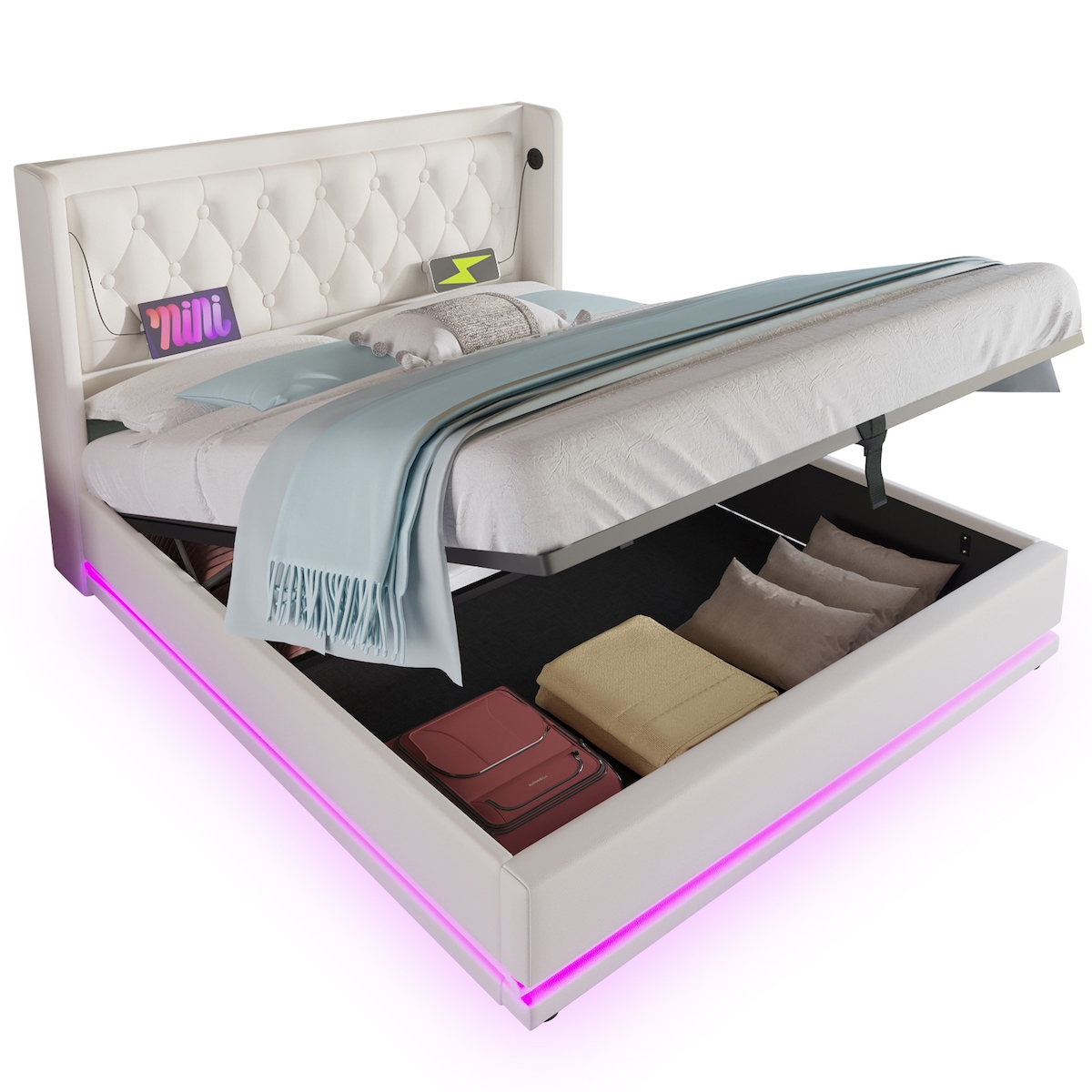 OKWISH Polsterbett 160×200 cm Weiß PU mit hydraulischem Stauraum, LED-Beleuchtung und USB-Ladefunktion für modernes Schlafzimmer Image