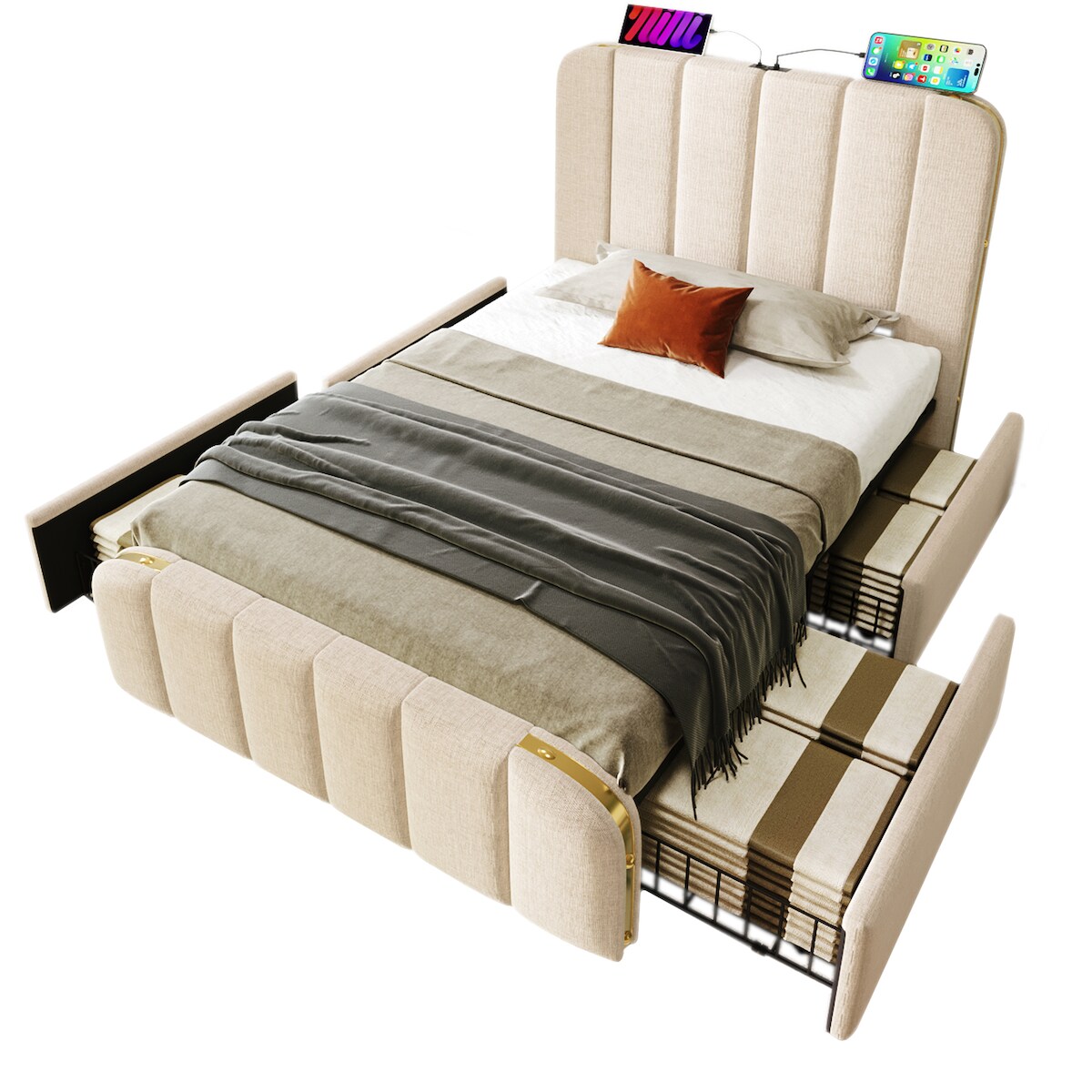 OKWISH Polsterbett Einzelbett 90×200 cm Beige Leinen mit gepolstertem Kopfteil, USB-Ladefunktion, 4 Schubladen und praktischem Stauraum Image