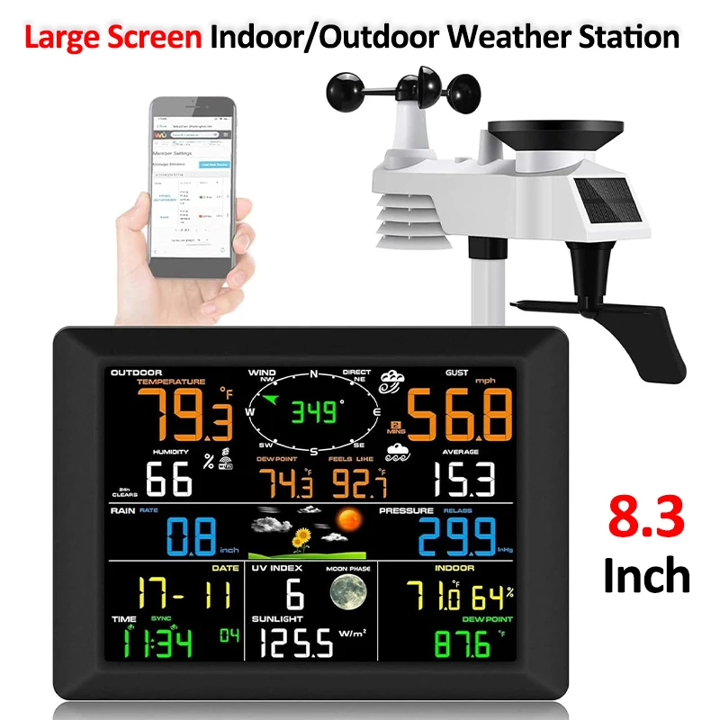 Station météo Wi-Fi multifonction, capteur extérieur solaire, Station météo sans fil Internet, système de surveillance à distance, pluviomètre