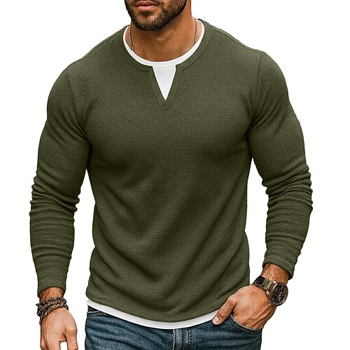 Herren Waffel T-Shirt T Shirt Waffel-Henley-Hemd Langarm Rundhalsausschnitt V Ausschnitt Ganzjahres Einfarbig Traditionell / Vintage Lässig Falscher Zweiteiler Outdoor Heim Sport Outdoor Marineblau Image