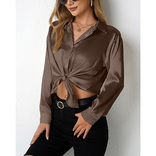 Damen Hemd Elegant Satin-Top Satinhemd Knöpfe Einfarbig Vintage Tropisch Stilvoll Langarm V Ausschnitt Hemdkragen Normale Oberteile Täglich Ausgehen Schwarz Kamel Braun Dunkelgray Grau Frühling Herbst Image