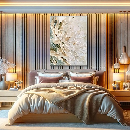 florales abstraktes Ölgemälde auf Leinwand beige weiß strukturierte Wandkunst minimalistisch weiche Palette Messer Wandkunst große moderne neutrale Wohndeko Image