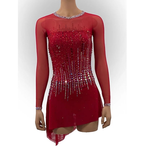 Eiskunstlaufkleid Damen Mädchen Eislaufkleid Patchwork Asymmetrischer Saum Hohe Elastizität Training Wettkampf Eislaufbekleidung Klassisch Kristall/Strass Langarm Eiskunstlauf Image