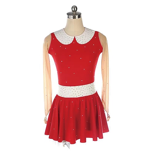 Eiskunstlaufkleid Damen Mädchen Eislaufen Kleid Rot Patchwork Daumenloch Netzstoff Spandex Dehnbar Training Übung Professionell Eiskunstlaufkleidung Thermowarm Kristall / Strass Kurzarm Eislaufen Image