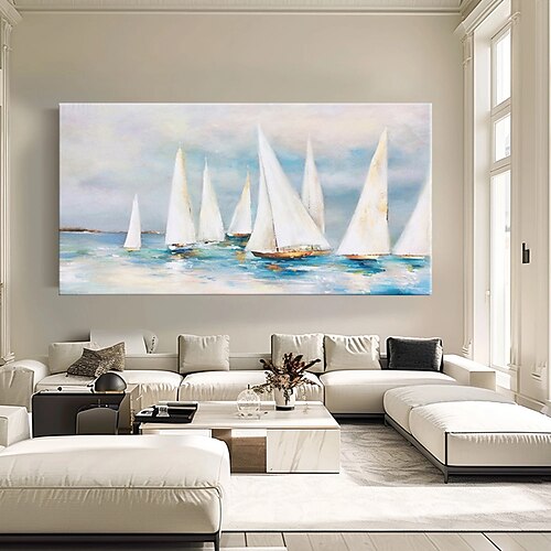 Großes handgemaltes Wandkunst-Segelboot-Party-Ölgemälde, handgefertigte Meereslandschaft, Texturmalerei, Kunst, buntes Bootsbild, Wandkunst, Heimdekoration, Dekor, gerollte Leinwand, kein Rahmen, Image