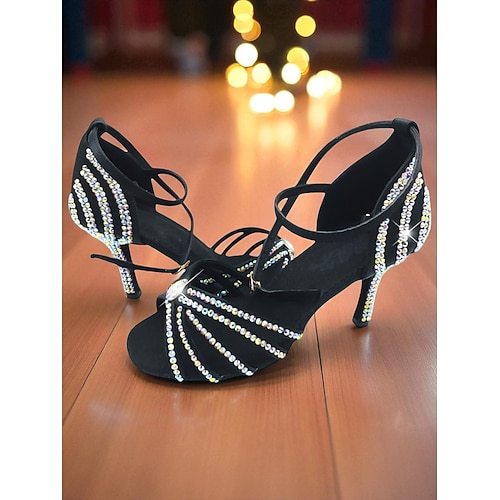 Schwarze Damen-Ritzsandalen für lateinamerikanische Tänze mit Riemchen und Strasssteinen – elegante offene High Heels im Gatsby-Stil für den Ballsaal, Gatsby-Partys und lateinamerikanische Image