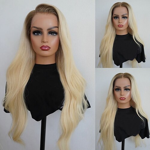 Remy Echthaar 5x5 Verschluss 13x4 Spitzenfront Perücke Freier Scheitel Brasilianisches Haar Gewellt Blond Perücke 150% 180% Haardichte mit Babyhaaren Ombre-Haar 100% Unbehandelt Kleberfrei Vorgerupft Image