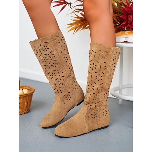 Damen-Stiefel mit lässiger Wadenhöhe und floralem Cutout-Design, lässiger Boho-Stil für die Herbststraße und den Alltag Image