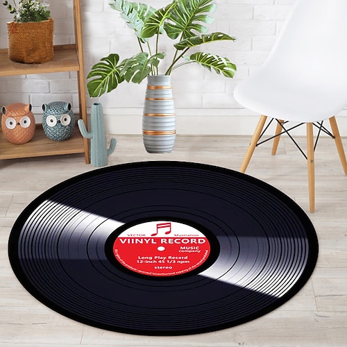 Schallplattenrunde Teppich für Wohnzimmer und Schlafzimmer retro stilvoller Musik Teppich Fußmatte weicher rutschfester maschinenwaschbarer Teppich Eingangsbereich Sofa Hocker Heimdekoration Image