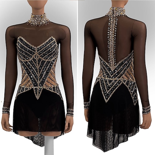 Eiskunstlaufkleid Damen Mädchen Eislaufen Kleid Schwarz Patchwork Asymmetrischer Saum Netzstoff Spandex Hohe Elastizität Training Wettbewerb Eiskunstlaufkleidung Klassisch Kristall / Strass Langarm Image
