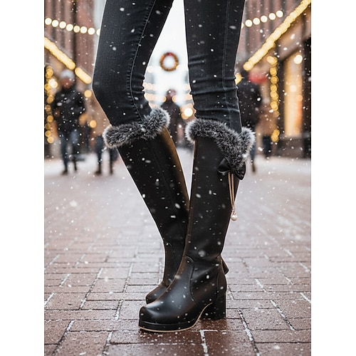 Schwarze kniehohe Damenstiefel – Winterstiefel aus Kunstleder mit Kunstpelzbesatz, Schleife und Perlenanhänger für Weihnachten, Partys und Outdoor Image