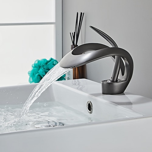 Badezimmer-Waschtischarmatur mit Wasserfallauslauf, Mischbatterien für Waschbecken aus Messing, Einloch-Badewannenarmaturen mit einem Griff und lackierter Oberfläche, hoher Körper im modernen Stil Image