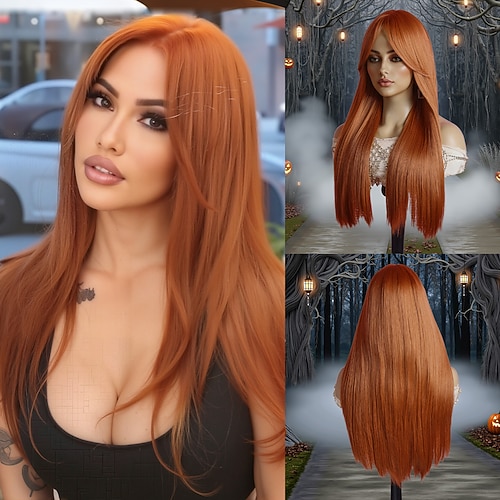 Synthetische Perücken Glatt Natürlich glatt Mittelscheitel Gerader Pony Perücke 24 Zoll Orange / Weiß / Blau Synthetische Haare 24 Zoll Damen Weich Bequem Orange Image