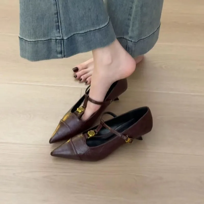 2025 Retro Style Fine Heel Women Mary Jane Shoes Fashion Shallow Pointed Toe Ladies Comfort Office Pumps Footwear Sandalias