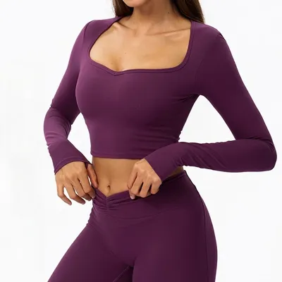 Winter Tight Slim Long Sleeve Yoga Shirts Square Neck Gym Crop Tops Women Seamless Casual Quick Dry Sports Tops Running Shirts