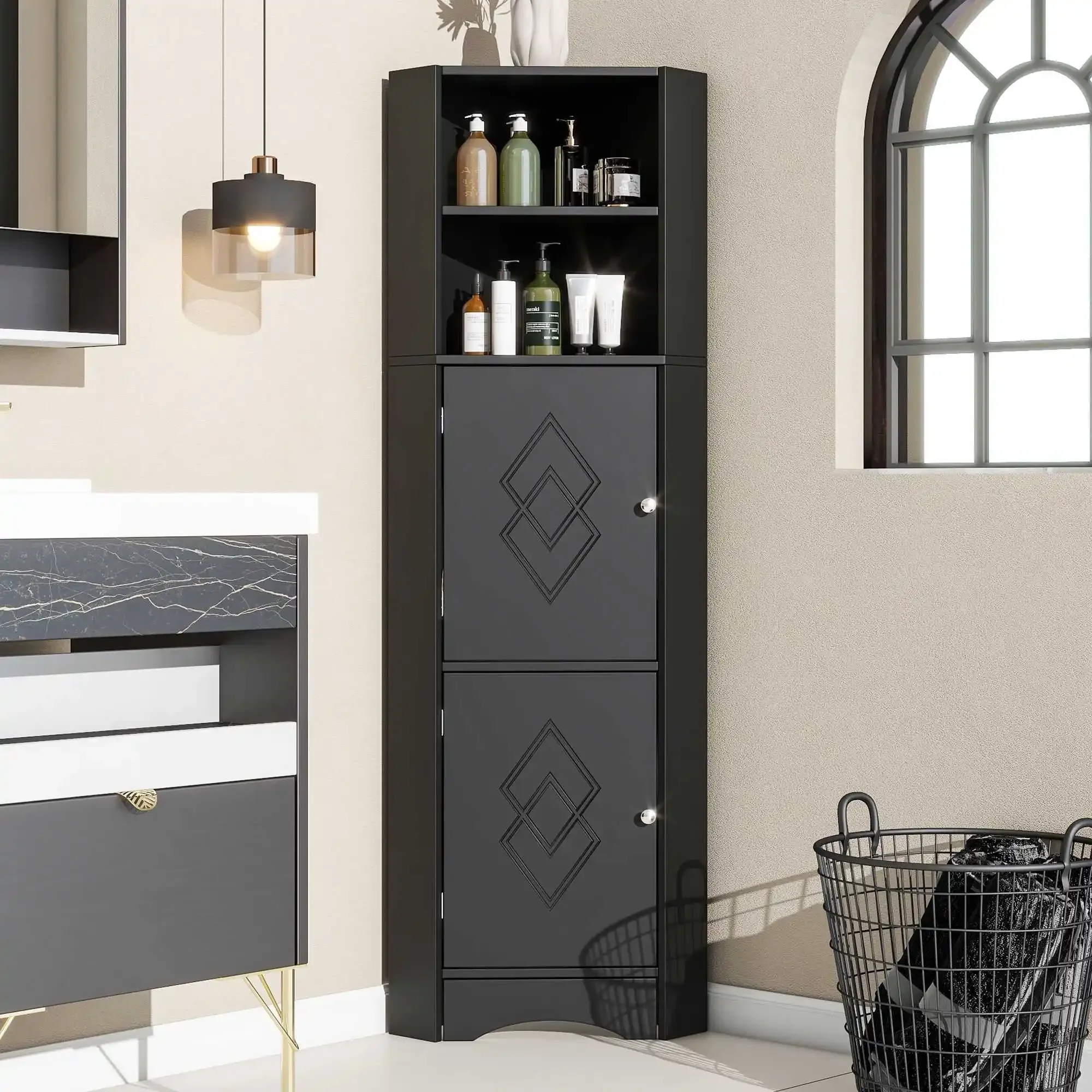 Mobile da bagno, mobile da bagno, mobile ad angolo con due scomparti portaoggetti, 36,5 x 36,5 x 155 cm, nero