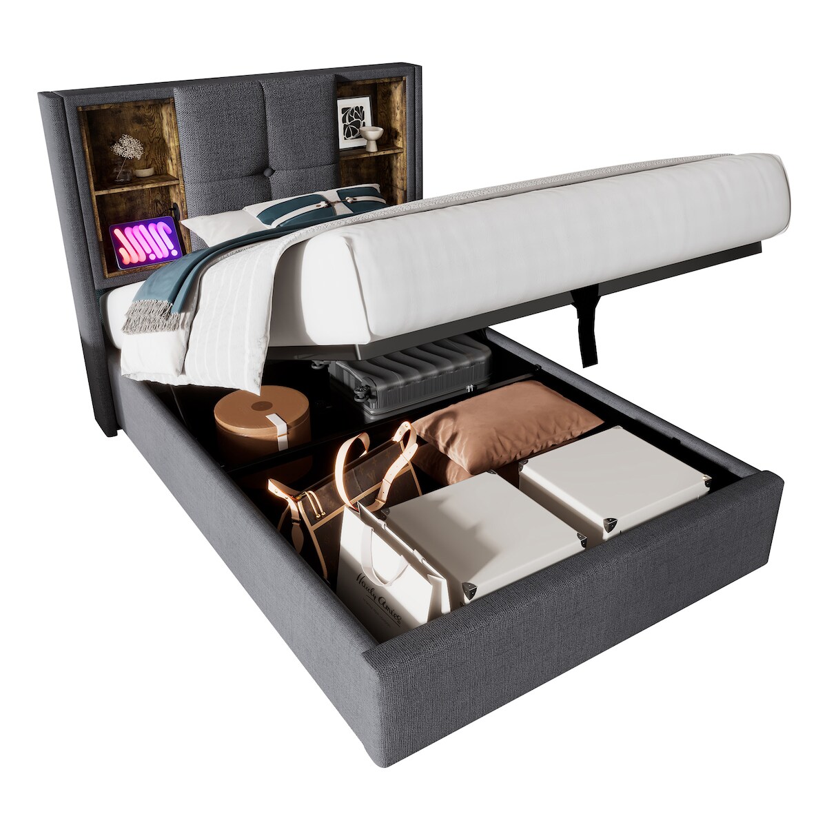 OKWISH Polsterbett 90x200 cm Grau Baumwolle mit kabellosem Laden, USB-Anschlüssen, Stauraum und Holz-Lattenrost, modernes Einzelbett Image