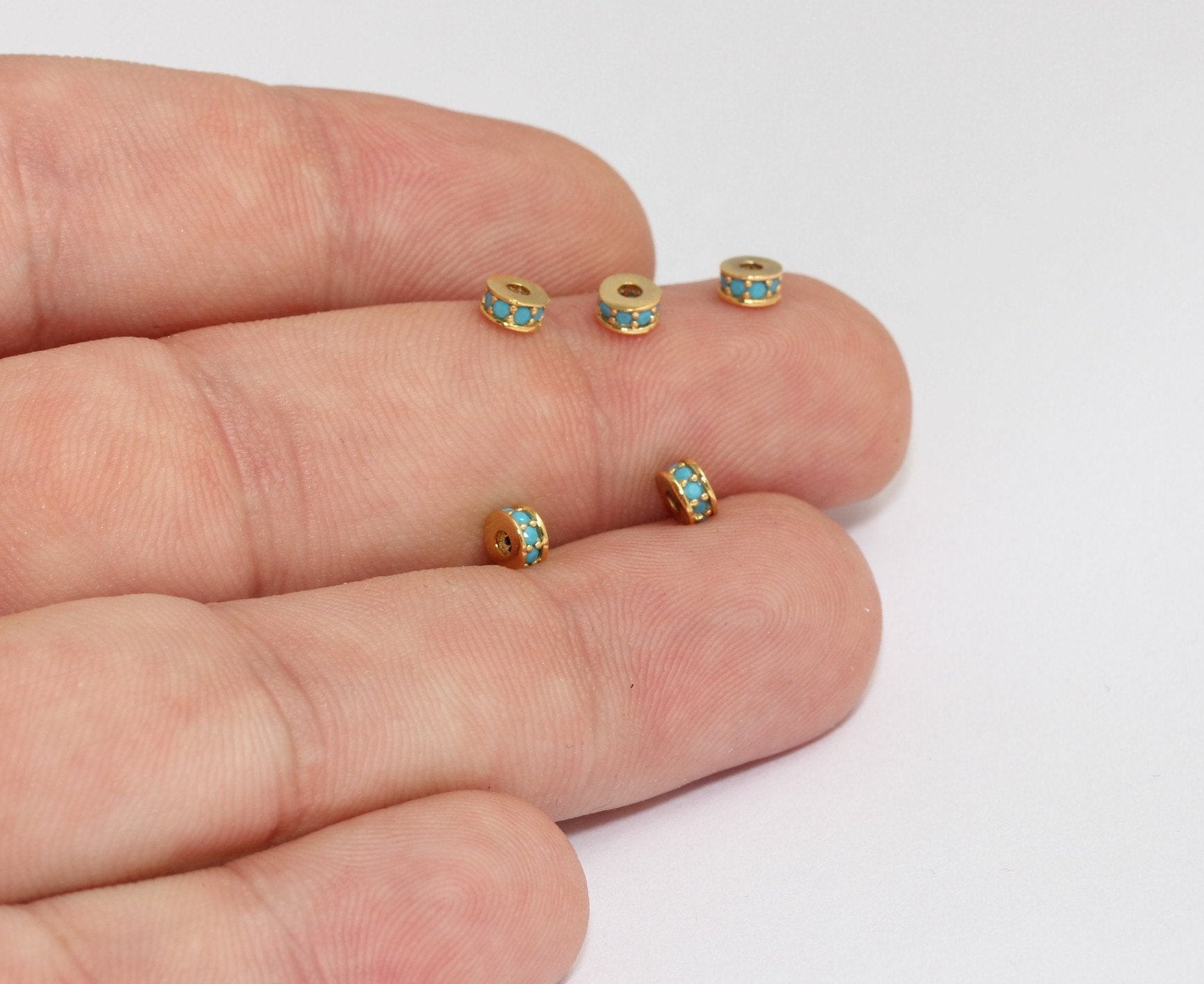 Perline in oro lucido da 2,5x4,5 mm, perline distanziale CZ Micro Pave Round Wheel, perline in gomma Micro Pave CZ, perline scorrevoli per bracciale,