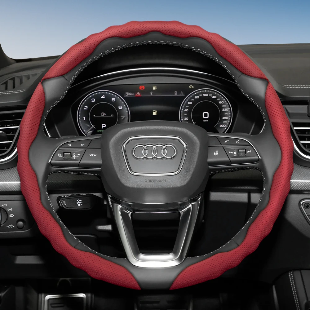Lenkradbezug für Audi, wellenförmiges sportliches Design, atmungsaktives Leder, segmentiert, rutschfest, schweißabsorbierend, Schutzhülle A4 B8 A3 8P A6 C6 C7 C8 8V Q5 Q3 Q7 A5 Tt ​ Rs Mk2 A8 Q8 Image