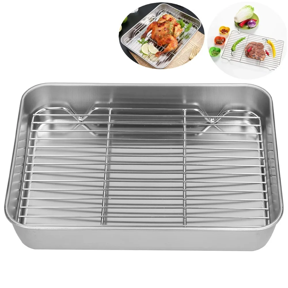 Backblech-Set aus Edelstahl mit Grill, rechteckiges Kühlregal aus Edelstahl 304, Grillwerkzeuge, BBQ, sicherer kleiner Grill