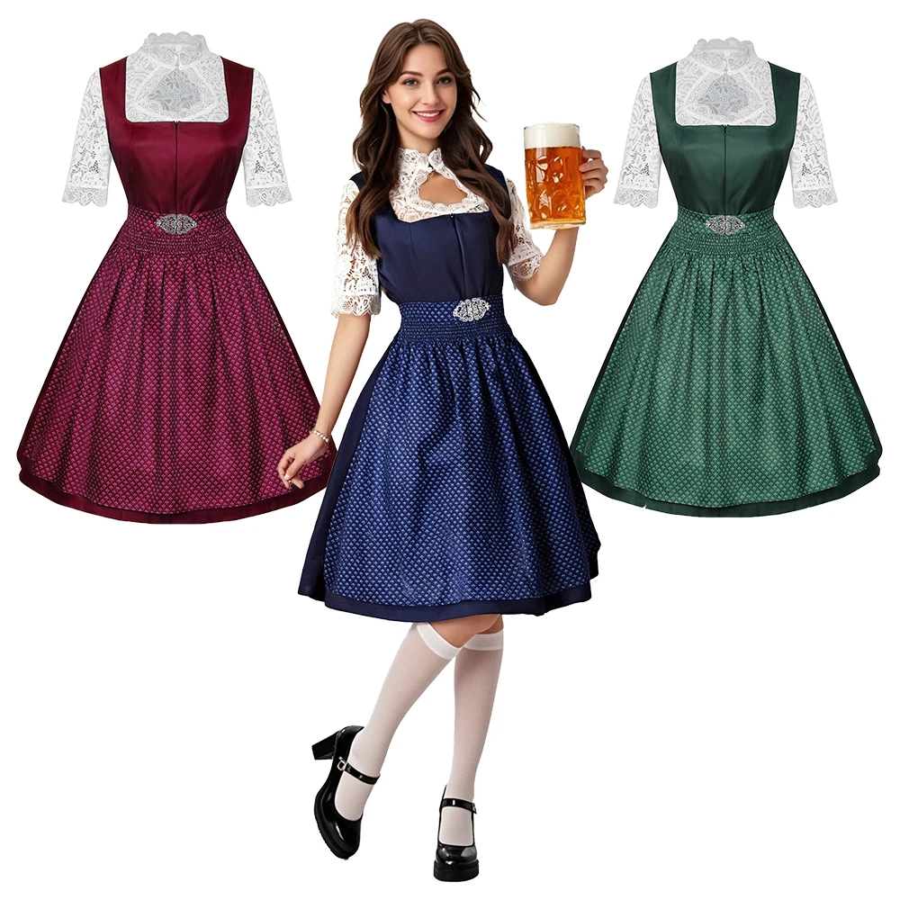 Neues Deutschland München Oktoberfest Bayern Kleid Spitze Kurzarm gefüttertes Kleid Schürze Urlaub Rock Kleid Arbeitsuniform Halloween Anzug Image