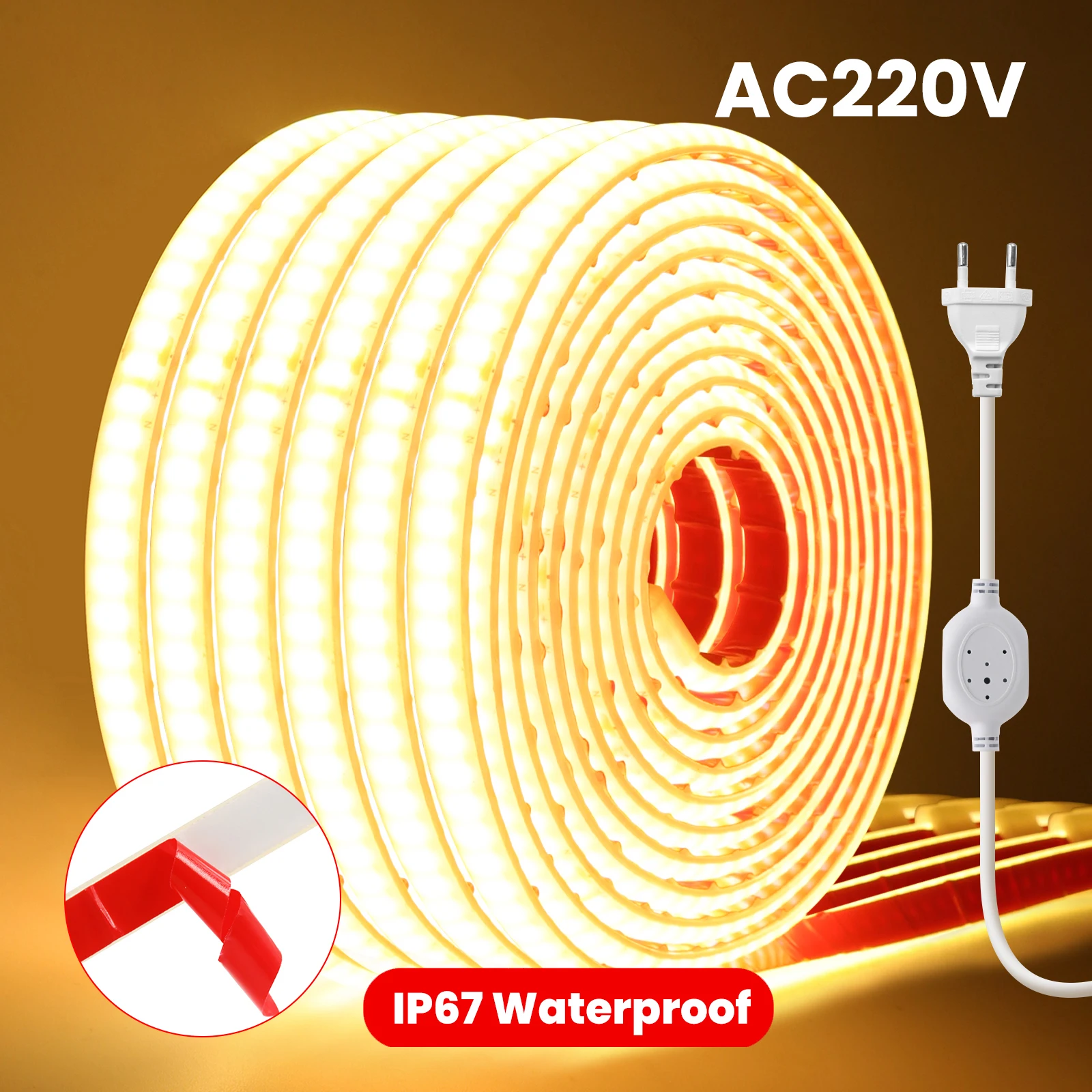 AC 220V COB-Streifen, wasserdicht, weiß, 3000K, 4000K, 6000K, Heimdekoration, flexibles Band, LED-Neonlicht, 1M-35M Image
