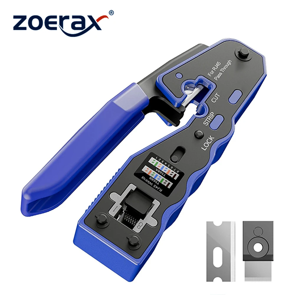 ZOERAX RJ45 Crimpzange Ethernet Crimpzange All-in-One Crimper für Durchgang durch Cat6 Cat5e Anschlüsse mit Ersatzklingen Image