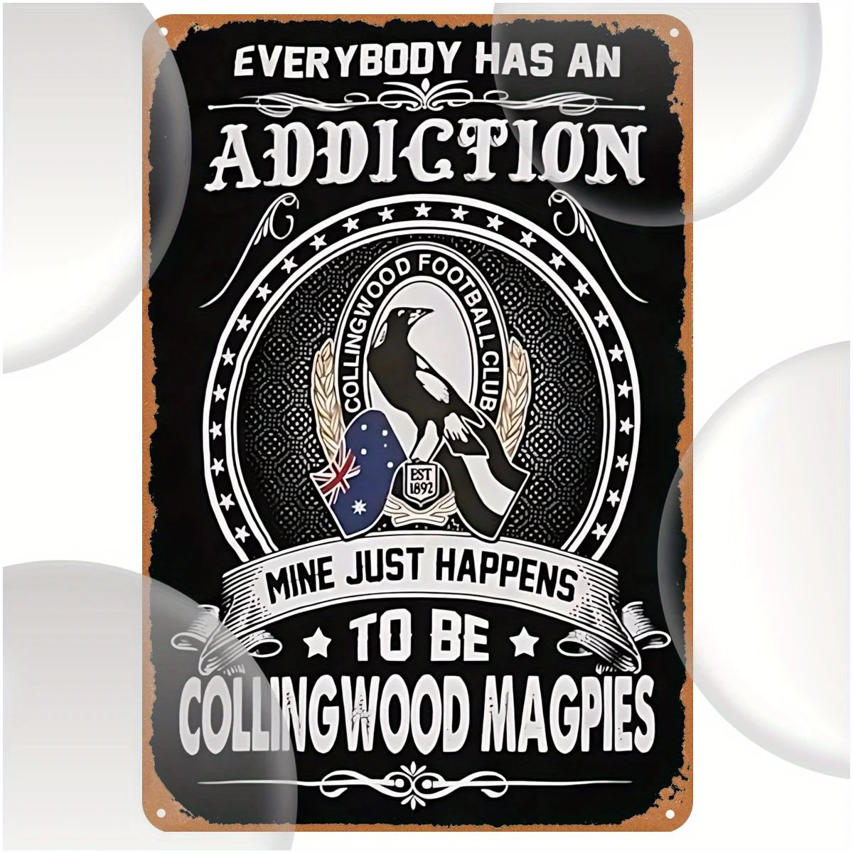 Blechschild „Collingwood Magpies“ aus Metall, Vintage-Fußballverein-Wandkunst, rustikale Männerhöhle-Dekoration, Bauernhaus, Badezimmer, Bar, Café, Garten Image