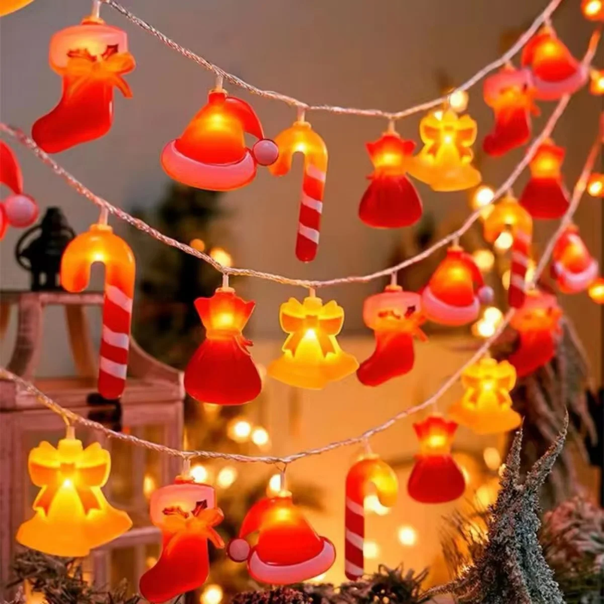 1pc Weihnachten Lichterketten Mit Zuckerstange & Hut & Socken & Brieftasche & Glocke 10/20/30LED Weihnachten baum Fee Lampe Für Haus Garten Dekor Image